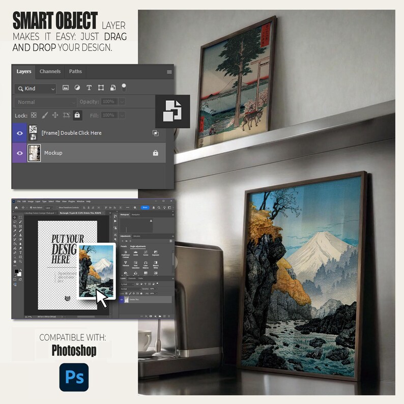May include: A digital mockup template for Adobe Photoshop featuring a rectangular frame displaying a landscape illustration of a mountain, river, and trees. The interface shows layers, smart object controls, and text reading SMART OBJECT LAYER MAKES IT EASY: JUST DRAG AND DROP YOUR DESIGN and COMPATIBLE WITH: Photoshop.