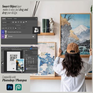 May include: A mockup featuring two framed art prints with Japanese landscape designs. The image includes a person wearing a brown cap, holding one of the framed prints. The text "PUT YOUR DESIGN HERE" is visible. The image is compatible with Photoshop and Photopea.