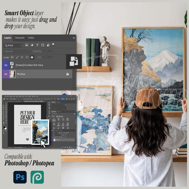 May include: A mockup featuring two framed art prints with Japanese landscape designs. The image includes a person wearing a brown cap, holding one of the framed prints. The text "PUT YOUR DESIGN HERE" is visible. The image is compatible with Photoshop and Photopea.