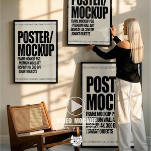Puede incluir: Tres marcos rectangulares negros que contienen pósteres blancos con texto negro en negrita que dice POSTER/MOCKUP, FRAME MOCKUP PSD, PREMIUM WALL ART DISPLAY 4K, 300 DPI, SMART OBJECTS y THE LUXYMOCKUP COLLECTION - FRAMED PURRFECTION.