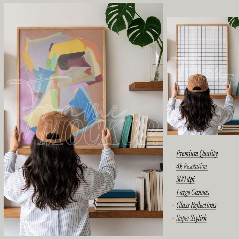 May include: A framed abstract art print with a light brown frame. The artwork features a colorful geometric design with shades of pink, yellow, blue, and green. The image is displayed on a wall with wooden shelves and books.