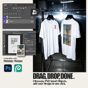 White t-shirt mockup template PSD with front and back view on industrial metal background, professional apparel mockup for Etsy sellers, POD clothing mockup with smart object layers for social media marketing