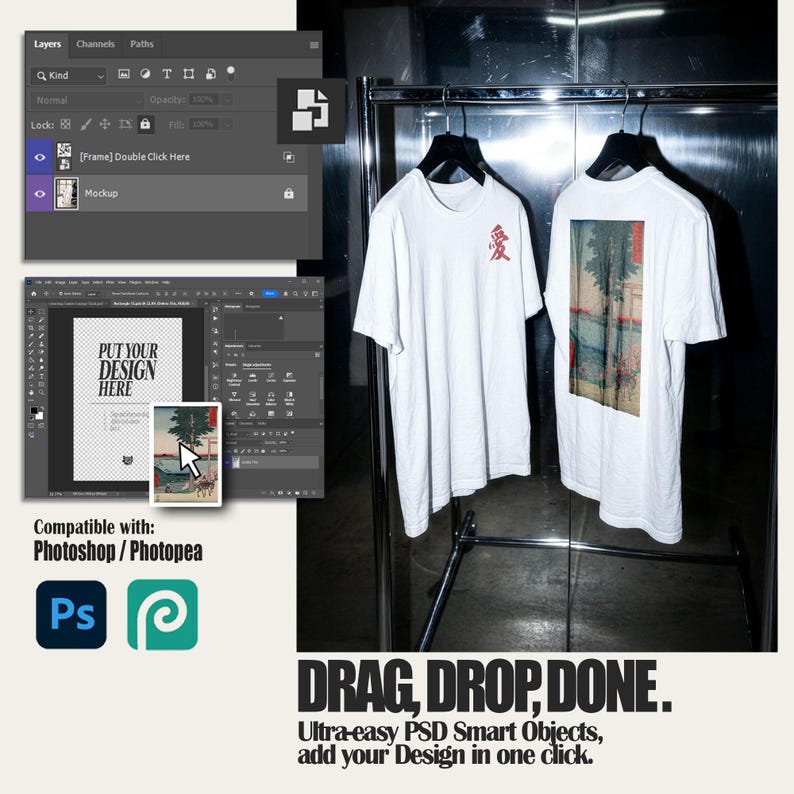White t-shirt mockup template PSD with front and back view on industrial metal background, professional apparel mockup for Etsy sellers, POD clothing mockup with smart object layers for social media marketing