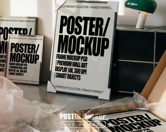 Gallery wall Mockup, 4 Frame Mockup, Photoshop Template for Wall art & Prints, Smart Object mockup, Poster mockup, Mid century modern unbox