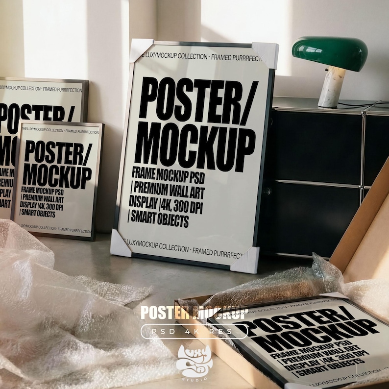Gallery wall Mockup, 4 Frame Mockup, Photoshop Template for Wall art & Prints, Smart Object mockup, Poster mockup, Mid century modern unbox
