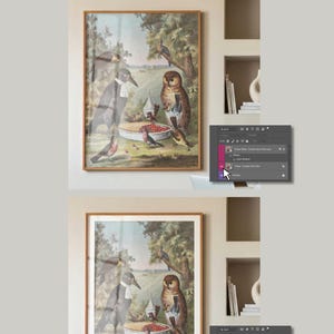 May include: A digital mockup showing a framed print of an owl and various birds in a forest setting. The image displays two variations of the print, one with a white matte border and one without, controlled by a Photoshop layer panel interface.