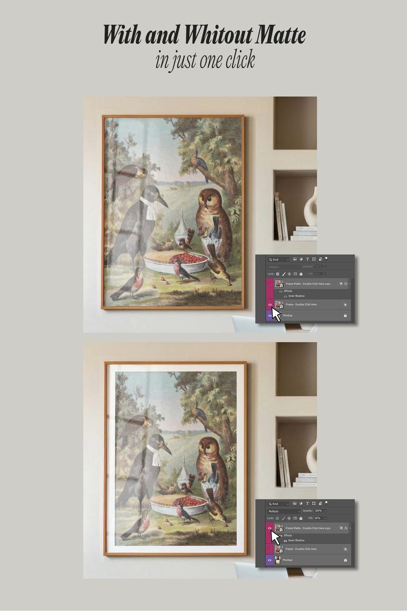 May include: A digital mockup showing a framed print of an owl and various birds in a forest setting. The image displays two variations of the print, one with a white matte border and one without, controlled by a Photoshop layer panel interface.