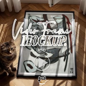 Video Frame Mockup, Cat video mockup, Photoshop Template for Wall Art, Interior Print Mockup, Mid Century modern, video canvas mockup