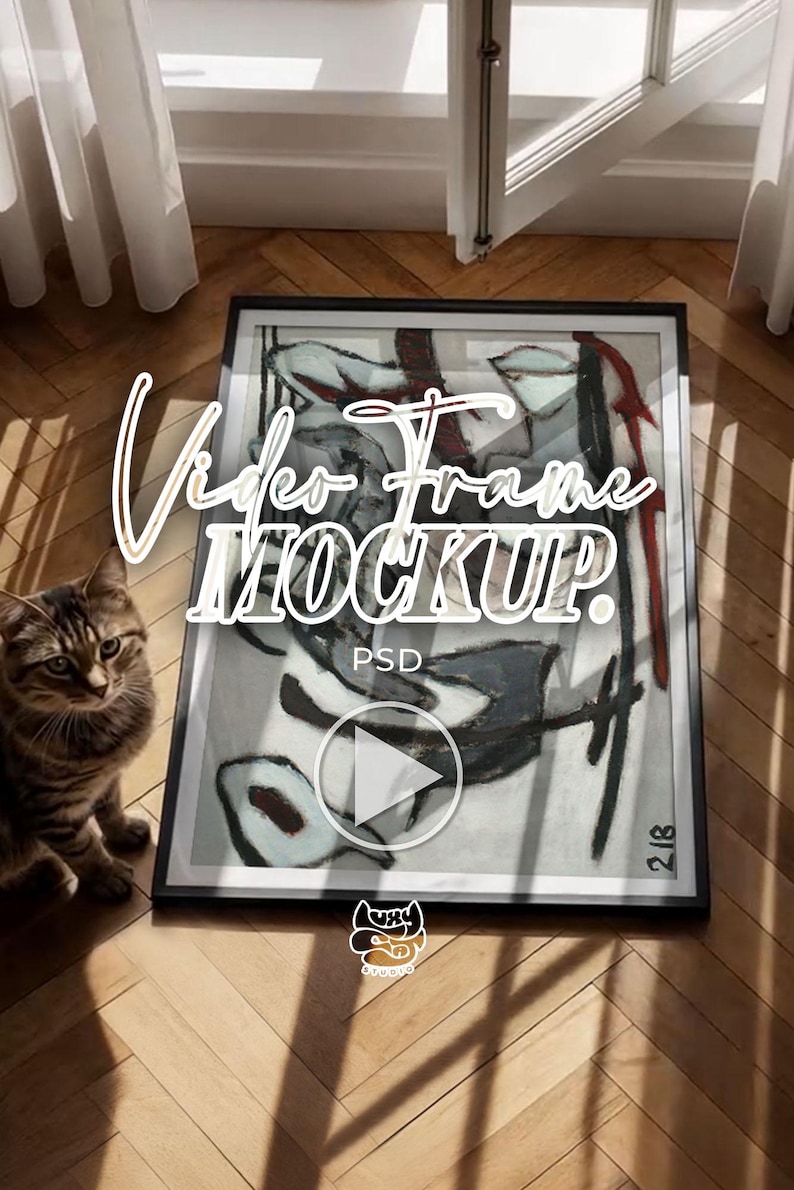 Video Frame Mockup, Cat video mockup, Photoshop Template for Wall Art, Interior Print Mockup, Mid Century modern, video canvas mockup