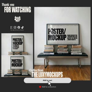 May include: A promotional image for a poster mockup collection. The image features framed posters with the text "POSTER/MOCKUP" and stacks of books. The text "Thank you FOR WATCHING" and "THE LUXYMOCKUPS" are also visible. The image includes social media icons and a call to action.