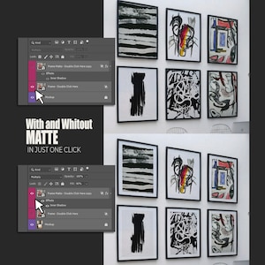 6 A-size frames gallery wall video mockup PSD. A woman hangs black poster mockups in a modern dining room. Premium wall art display for social media.