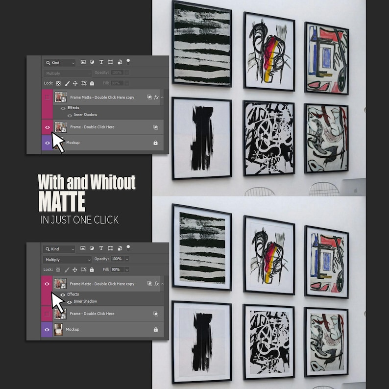 6 A-size frames gallery wall video mockup PSD. A woman hangs black poster mockups in a modern dining room. Premium wall art display for social media.