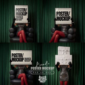 May include: A bundle of poster mockups. The image shows a person in a silver dress, red tights, and black gloves holding a poster mockup. The poster has the text "POSTER/MOCKUP". The background is a green curtain.