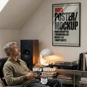 以下が含まれることがあります： 「VIDEO POSTER/MOCKUP」のテキストが入った額縁ポスターのモックアップ。ポスターには「FRAME MOCKUP PSD」や「DISPLAY 9:16」などの詳細が含まれています。男性がスピーカーとターンテーブルの近くに座っています。