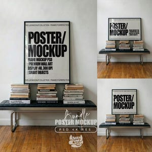 Può includere: Un mockup di poster in bianco e nero con il testo "POSTER/MOCKUP" è esposto sopra una panca nera con libri. L'immagine include un pacchetto di mockup di poster con il testo "Bundle POSTER MOCKUP PSD 4K RES".