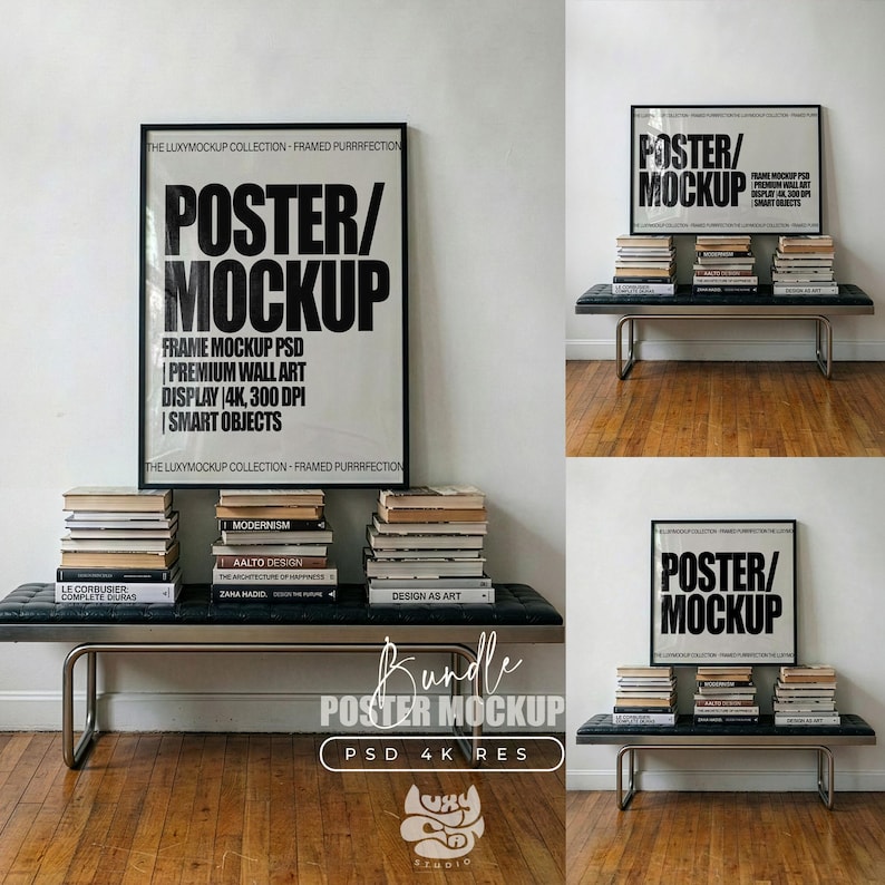 Frame Mockup PSD Bundle  – Premium Wall Art Display | 4K, 300 DPI, Smart Objects  | Poster Frame Video Mockup PSD | A-Size Frames | 4K Lifestyle Scene | Vertical, Horizontal and Square Frame mini bundle Mock up