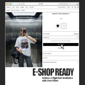Oversized white t-shirt mockup featuring a trendy woman taking a mirror selfie in an elevator, ideal for streetwear brands. tshirt mock up for e-commerce and social media posts.