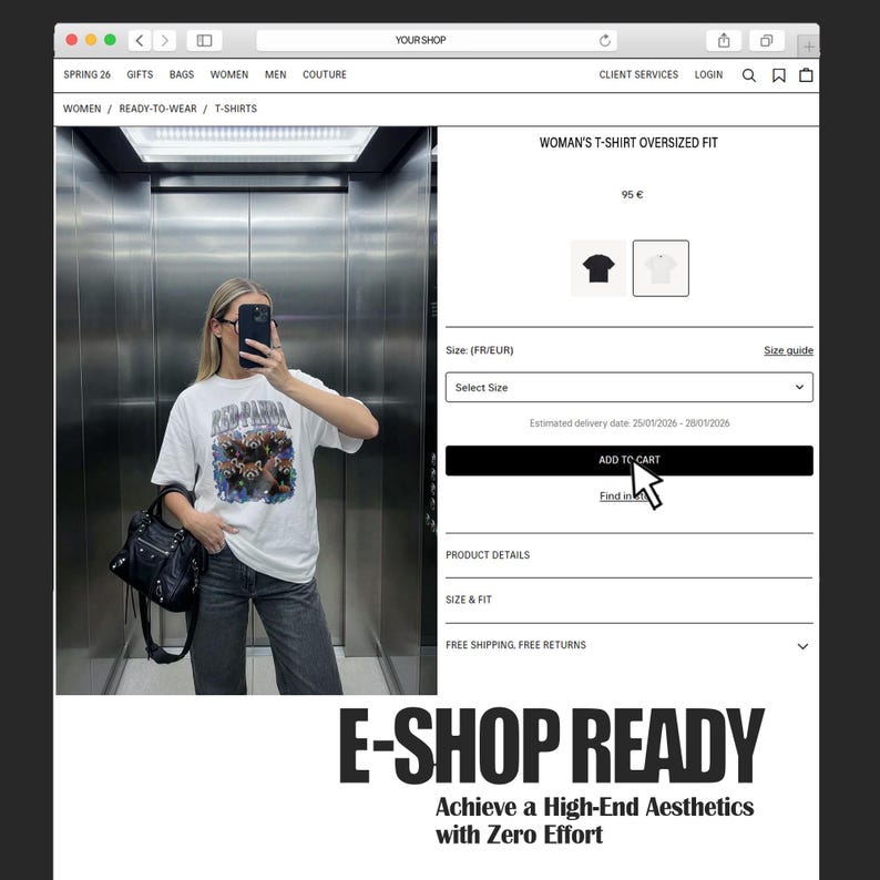 Oversized white t-shirt mockup featuring a trendy woman taking a mirror selfie in an elevator, ideal for streetwear brands. tshirt mock up for e-commerce and social media posts.