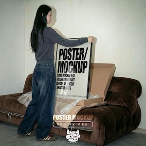 ポスターモックアップ、アンボックスフレームモックアップ、壁アートとプリント用のPhotoshopテンプレート、人物モックアップ、ミニマルなインテリアディスプレイ、ポスターモックアップ、