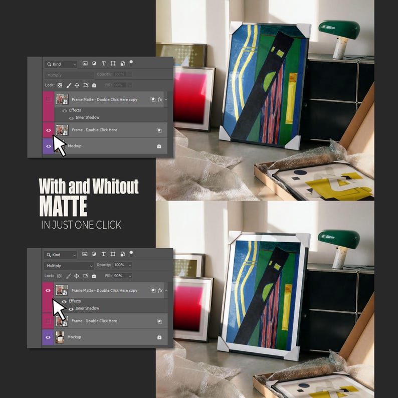 Gallery wall Mockup, 4 Frame Mockup, Photoshop Template for Wall art & Prints, Smart Object mockup, Poster mockup, Mid century modern unbox