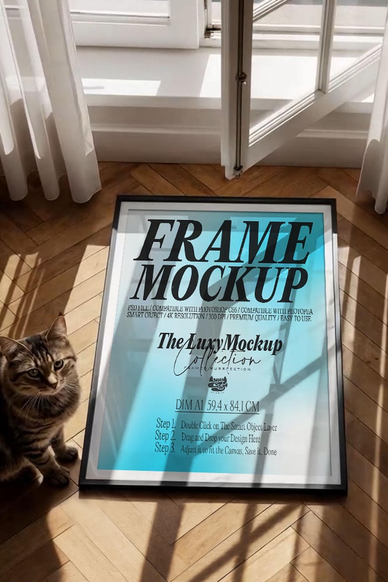 Video Frame Mockup, Cat video mockup, Photoshop Template for Wall Art, Interior Print Mockup, Mid Century modern, video canvas mockup