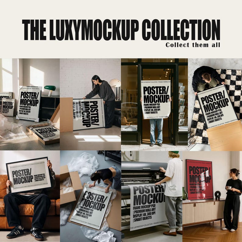 May include: A collection of eight photographic scenes showcasing various poster and frame mockups. Each image features the bold black text "POSTER/MOCKUP" alongside "FRAME MOCKUP PSD," "PREMIUM WALL ART," "DISPLAY 4K," "300 DPI," and "SMART OBJECTS."