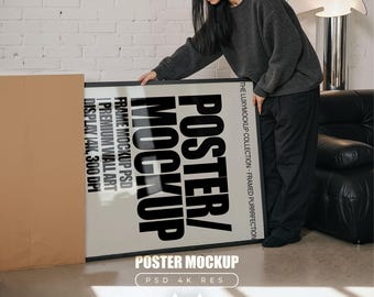 Frame Mockup with Model, Unboxing Mock up, PSD Smart Object Template for Wall art and Prints, Social Media and Etsy Sellers Mockups