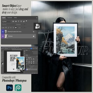 May include: A digital mockup template for a framed art print, featuring a landscape illustration of a mountain with yellow trees and a river. The interface displays Adobe Photoshop layers, smart object controls, and compatibility icons for Photoshop and Photopea.