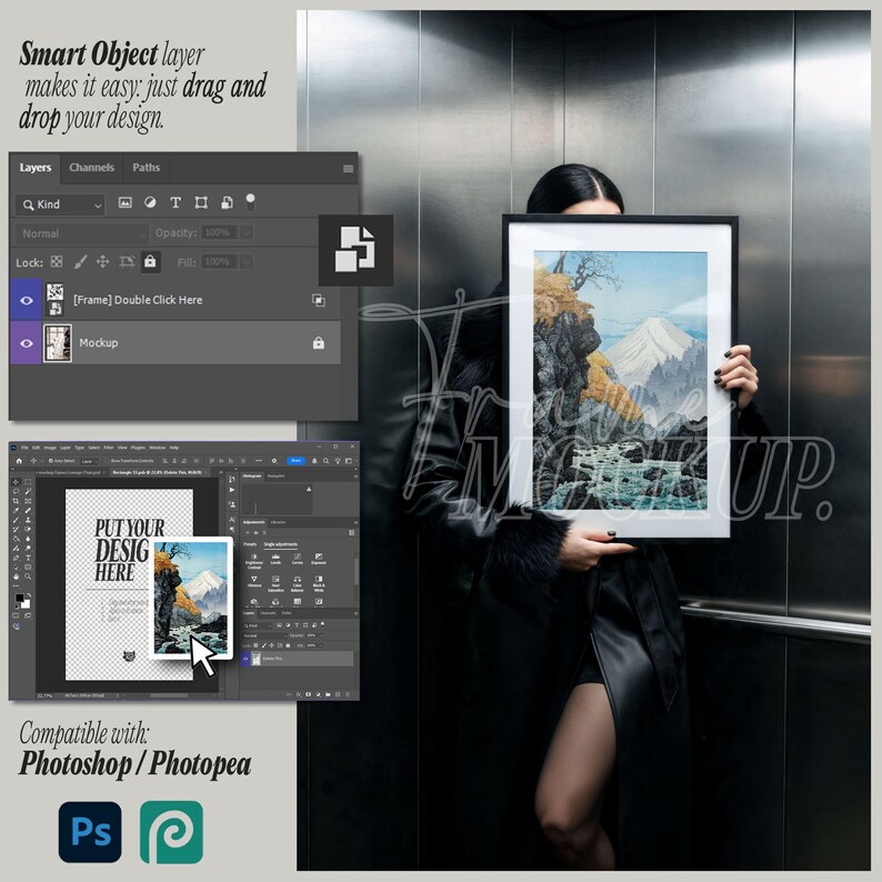 May include: A digital mockup template for a framed art print, featuring a landscape illustration of a mountain with yellow trees and a river. The interface displays Adobe Photoshop layers, smart object controls, and compatibility icons for Photoshop and Photopea.