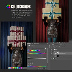 K&ouml;nnte beinhalten: Eine Person in einem Paillettenkleid und schwarzen Handschuhen h&auml;lt einen Stapel verpackter Geschenke. Die Geschenke sind in braunes Papier mit blauen B&auml;ndern verpackt. Das Bild enth&auml;lt den Text "COLOR CHANGER".