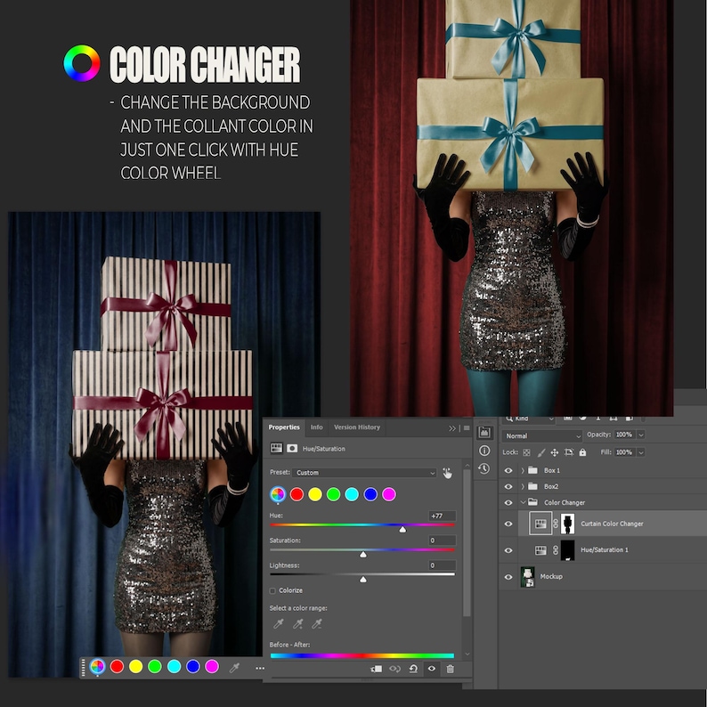 K&ouml;nnte beinhalten: Eine Person in einem Paillettenkleid und schwarzen Handschuhen h&auml;lt einen Stapel verpackter Geschenke. Die Geschenke sind in braunes Papier mit blauen B&auml;ndern verpackt. Das Bild enth&auml;lt den Text "COLOR CHANGER".