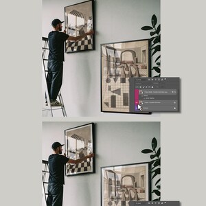 Pode incluir: Um gr&aacute;fico digital mostrando uma interface do Photoshop com camadas e um cursor, demonstrando a aplica&ccedil;&atilde;o de um efeito de paspatur branco em uma impress&atilde;o emoldurada. O texto diz With and Whitout Matte in just one click.