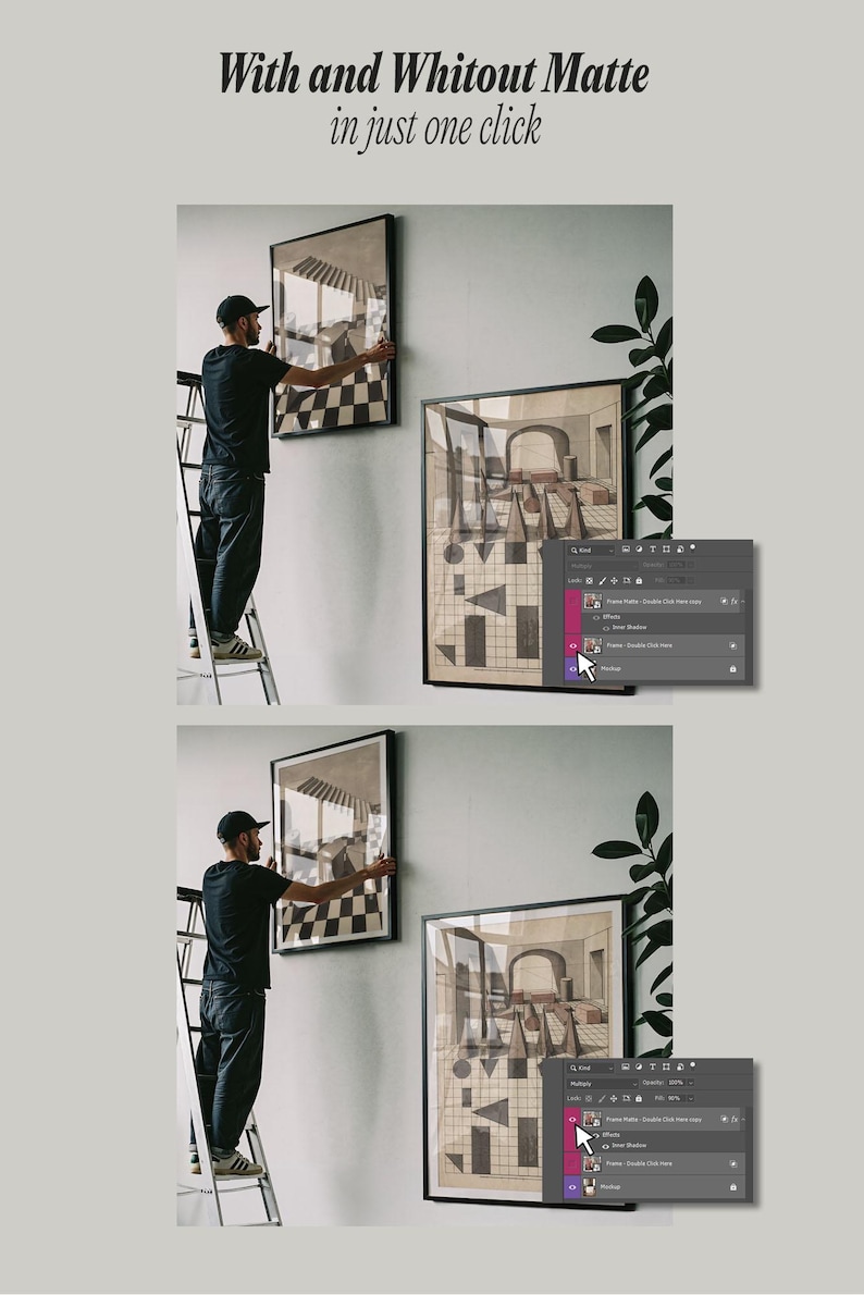 Pode incluir: Um gr&aacute;fico digital mostrando uma interface do Photoshop com camadas e um cursor, demonstrando a aplica&ccedil;&atilde;o de um efeito de paspatur branco em uma impress&atilde;o emoldurada. O texto diz With and Whitout Matte in just one click.