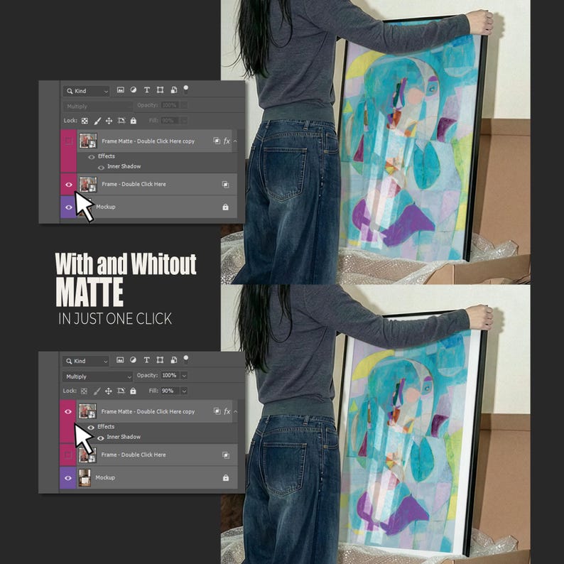 May include: A framed abstract art print with a black frame, featuring a colorful design with blue, purple, and yellow hues. The image is held by a person. Text on the image reads "With and Whitout MATTE IN JUST ONE CLICK".