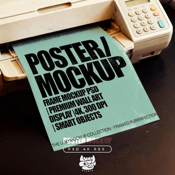 A4 Poster Mockups, Printer Mockup, PSD smart object, Vintage Printer Mockup, Photoshop template for wall art and prints, paper mock up, 90s