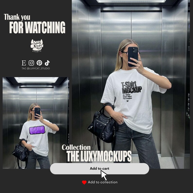 Oversized white t-shirt mockup featuring a trendy woman taking a mirror selfie in an elevator, ideal for streetwear brands. tshirt mock up for e-commerce and social media posts.