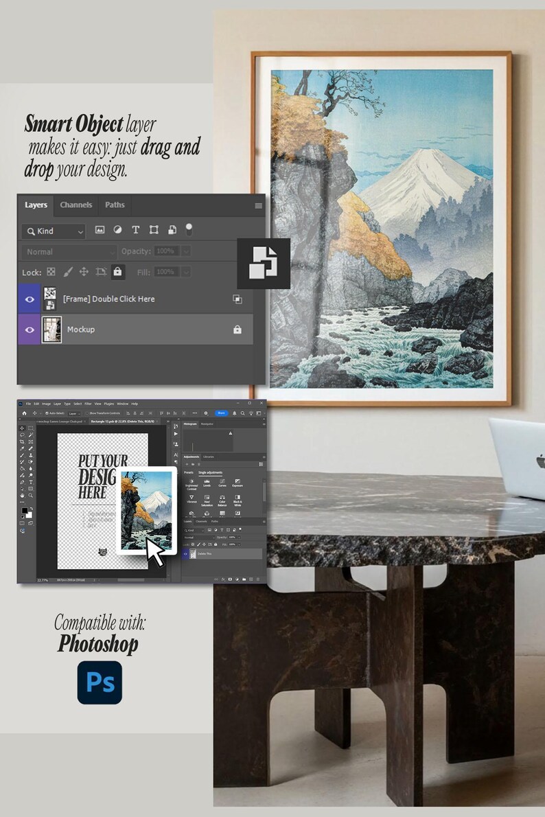 Video Frame Mockup, Person video mockup, Photoshop Template for Wall Art & Prints, Interior Mockup, Print Mockup, Mid Century modern mock up