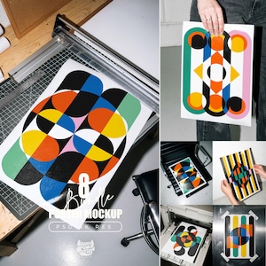 Puede incluir: Una colección de coloridas impresiones artísticas geométricas. Las impresiones presentan diseños abstractos con formas como círculos, cuadrados y líneas en colores vibrantes como naranja, azul, amarillo y negro. Una impresión se corta con una guillotina.