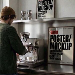 2 Frame Video Mockup PSD  - Premium Wall Art Video Display |  9:16, HD, Smart Objects, Scroll-Stopping Frame Mockup Video – Modern Interior Wall Art Display with person - Stylish Wall Art Display with Lifestyle Scene - Mid Century Modern interior Mockup -Kitchen Mockup - Coffee Machine Mockup