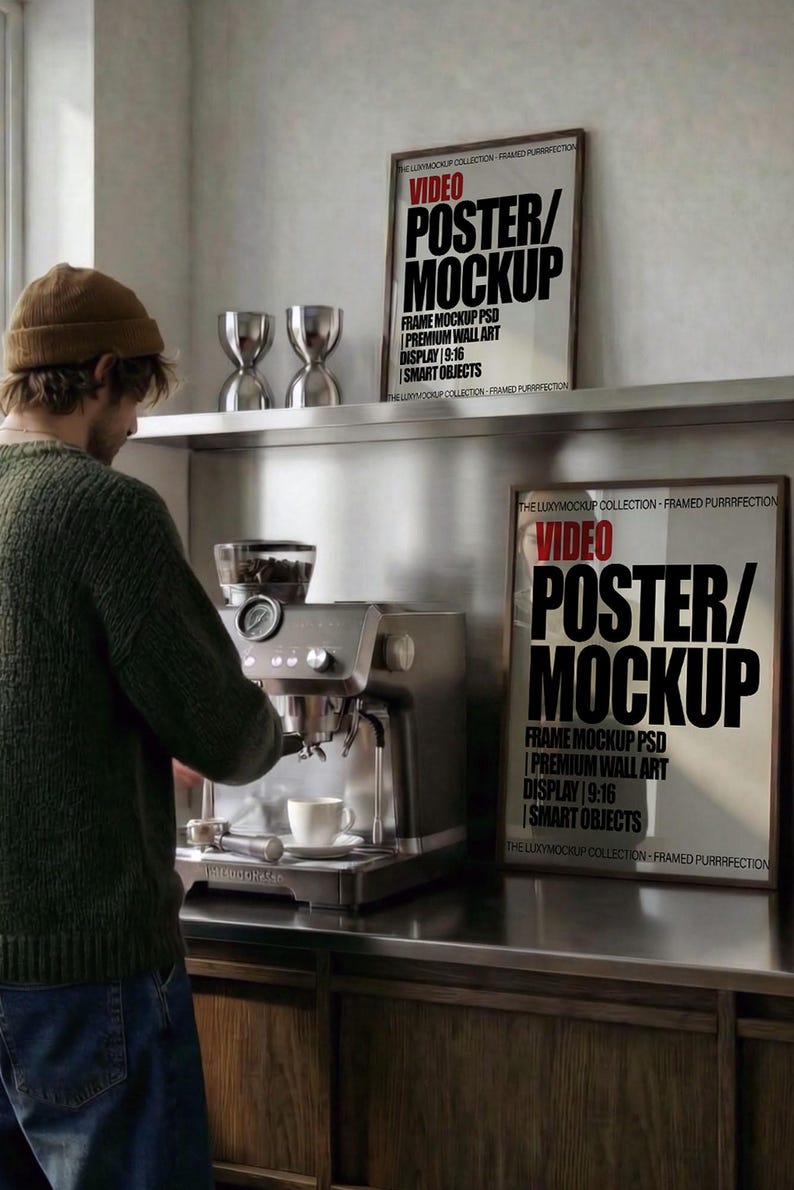 2 Frame Video Mockup PSD  - Premium Wall Art Video Display |  9:16, HD, Smart Objects, Scroll-Stopping Frame Mockup Video – Modern Interior Wall Art Display with person - Stylish Wall Art Display with Lifestyle Scene - Mid Century Modern interior Mockup -Kitchen Mockup - Coffee Machine Mockup