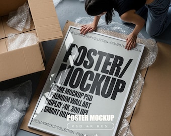 Unboxing Poster Mockup, Frame Mockup, Photoshop Template for Wall art & Prints, mockup with person, Mid Century Modern, Smart Object Mockup