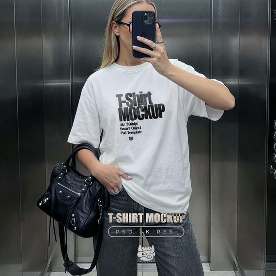 oversized tshirt mockup with Model selfie pose, PSD Smart Object tee mock up in a streetwear style for social media, Etsy and e-commerce