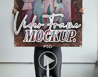 Square Canvas Video Mockup, Animated Poster Mock up for Social Media, PSD Smart Object Template for Wall Art and Prints with Model