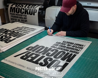 Poster Mockup in a Printer Studio with Model, Multiple Poster PSD Smart Object Mockups Template for Wall art & Prints, Social Media and Etsy
