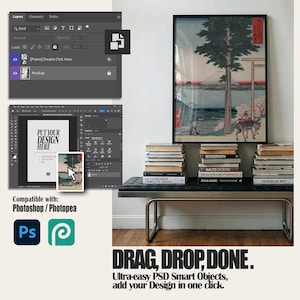 May include: A framed artwork with a Japanese-style landscape print hangs above a bench with stacked books. The image includes a mockup interface with the text "PUT YOUR DESIGN HERE" and the words "DRAG, DROP, DONE."