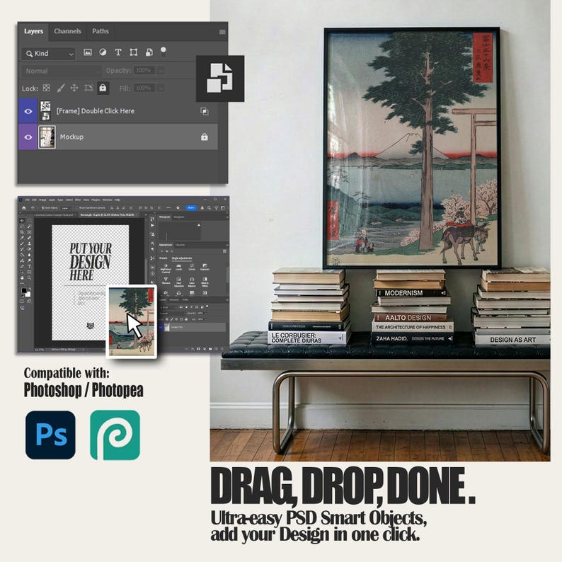 May include: A framed artwork with a Japanese-style landscape print hangs above a bench with stacked books. The image includes a mockup interface with the text "PUT YOUR DESIGN HERE" and the words "DRAG, DROP, DONE."
