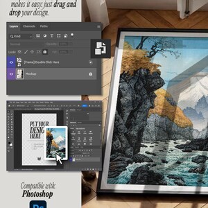 May include: A digital mockup template for a framed landscape art print featuring a mountain and river scene. The interface displays a Smart Object layer panel, a design workspace with the text PUT YOUR DESIGN HERE, and a Photoshop logo icon.