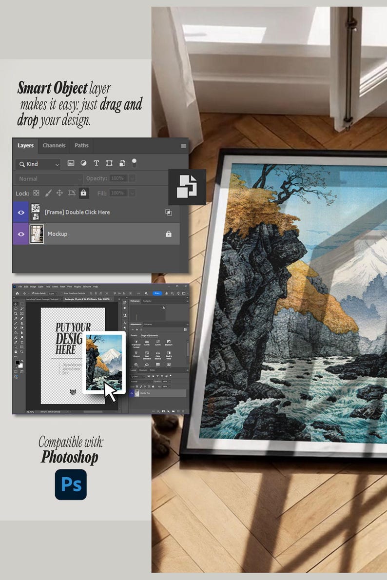 May include: A digital mockup template for a framed landscape art print featuring a mountain and river scene. The interface displays a Smart Object layer panel, a design workspace with the text PUT YOUR DESIGN HERE, and a Photoshop logo icon.