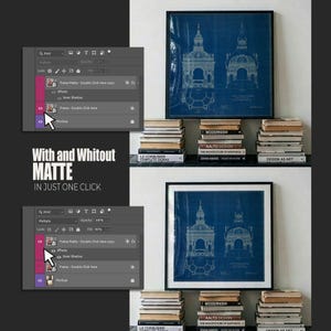 May include: Two framed architectural prints with blue blueprints of buildings are displayed above stacks of books. The text "With and Whitout Matte In Just One Click" is also visible.