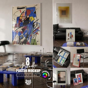 May include: An interior design mockup featuring eight framed posters with various abstract art pieces. The scene includes a black leather sofa, blue coffee tables, and modern furniture. The text "8 Bundle Poster Mockup" is visible.